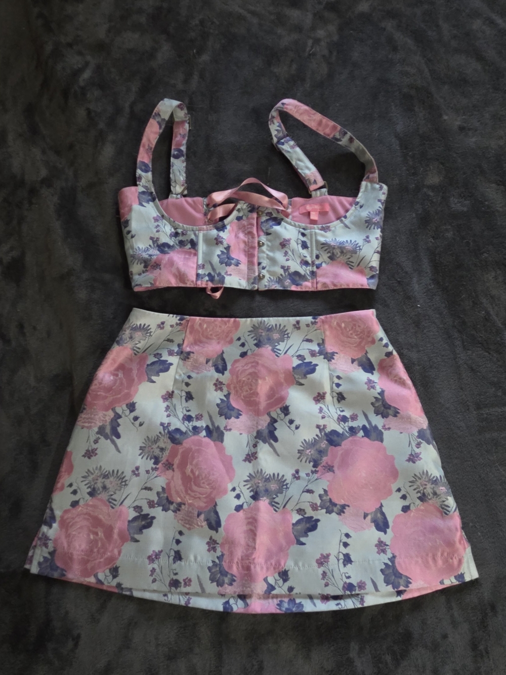 Sugar Thrillz Pink and Light Blue Floral Corset & Mini Skirt Set